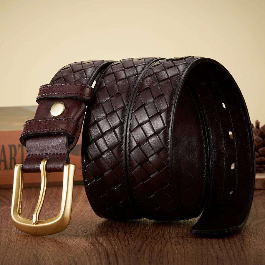 3.8cm Copper Buckle Cowskin Real Genuine Leather Belts For Men Luxury Woven Cowboy Braided Male Strap for Jeans Z260226
