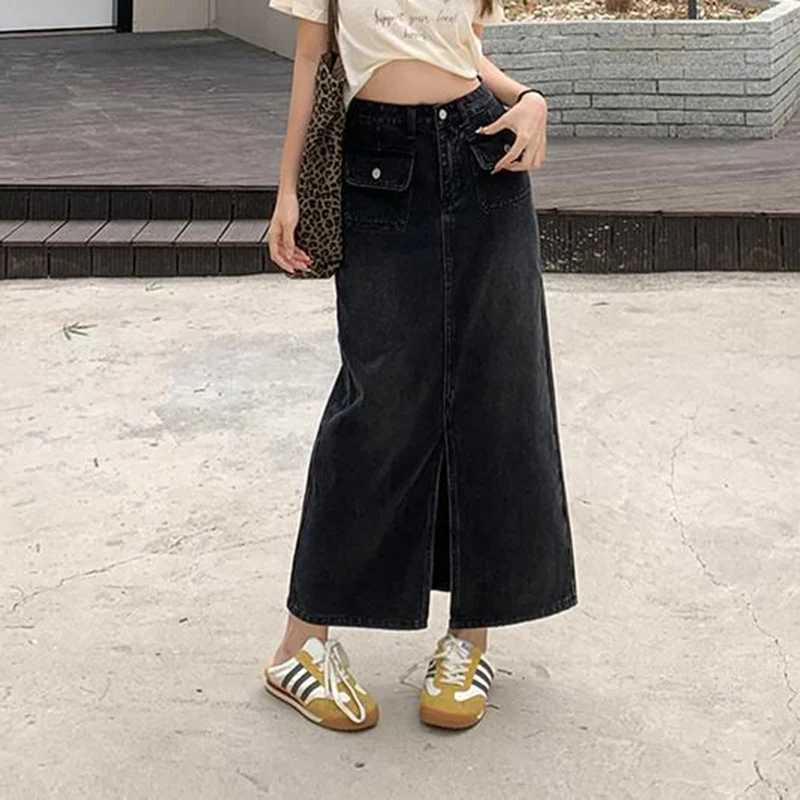 Summer Female Retro Thin High Waist Skirt Hot Sale Lady Wrap Hip A-line Slit Jeans Skirts s Casual Fashion Denim Dress M260314