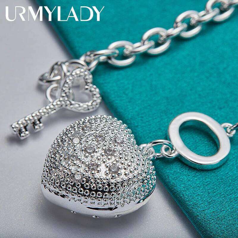 URMYLADY 925 Sterling Silver Heart Pendant Bracelet Key Buckle For Women Wedding Engagement Party Fashion Jewelry Z260313