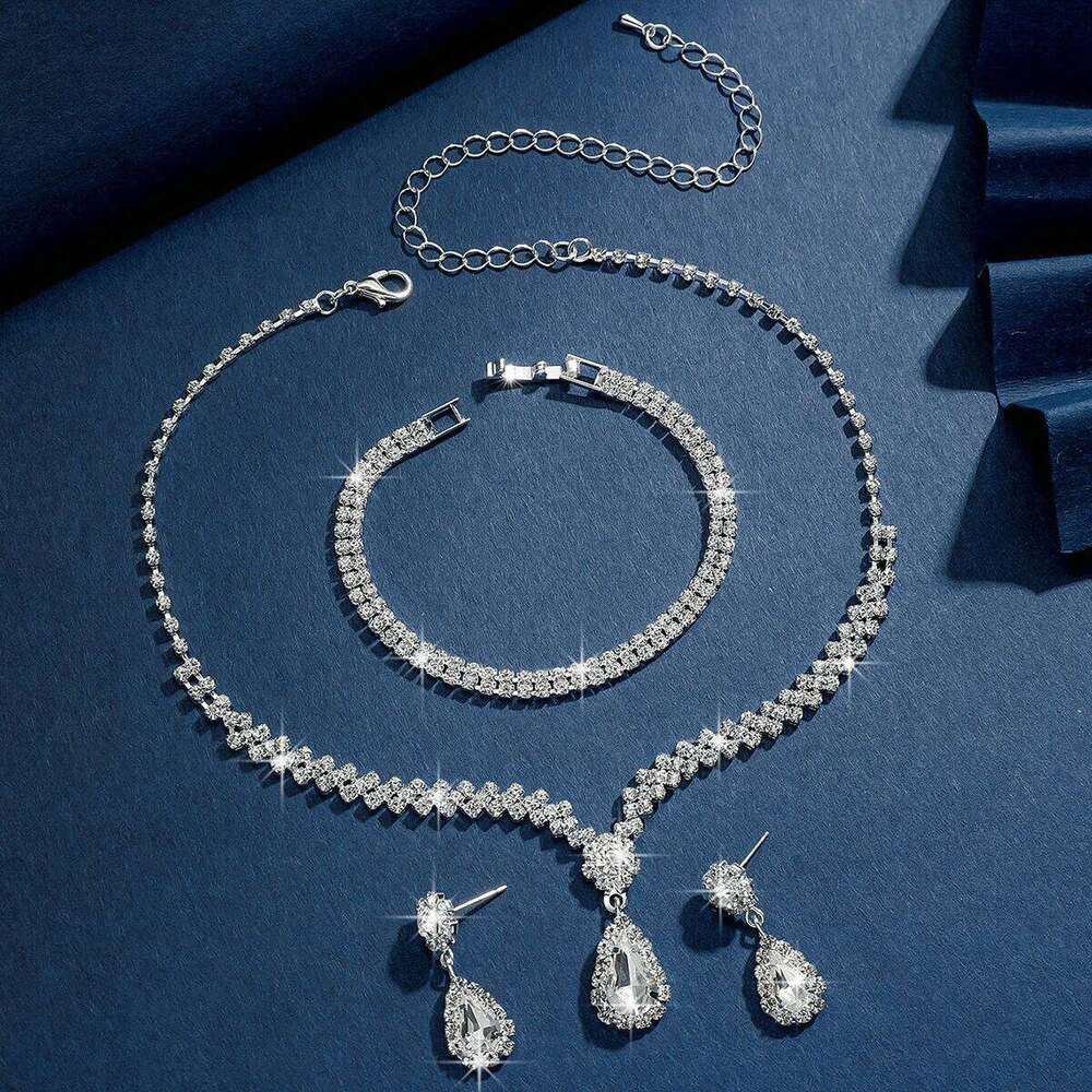 Silver Crystal Jewelry Set Necklace Earrings Bracelet Teardrop Pendant Bridal Accessories for Wedding Prom Evening Party Gift Z260313