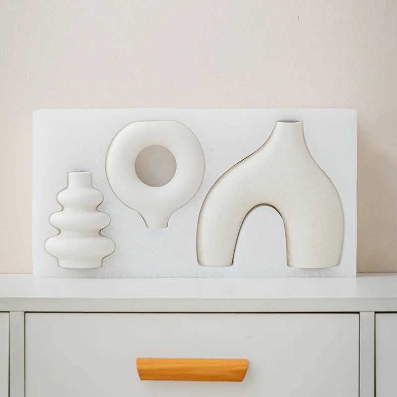 Bohemian Ceramic Vases Set of 3 White Round Geometric Design Handmade Terracotta Flower Pot Home Decor Y260314