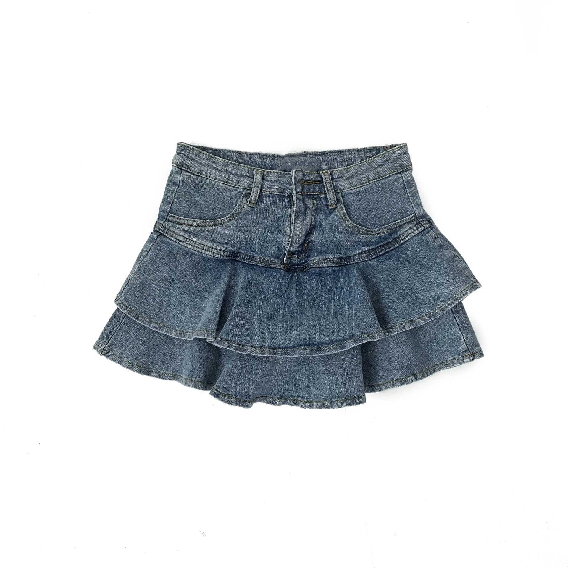 Vintage Denim Skirt Shorts Women Summer Korean Fashion High Waist A-line Wash Blue Slim Cute Sexy Mini Jeans Ruffle Skirt Female M260314