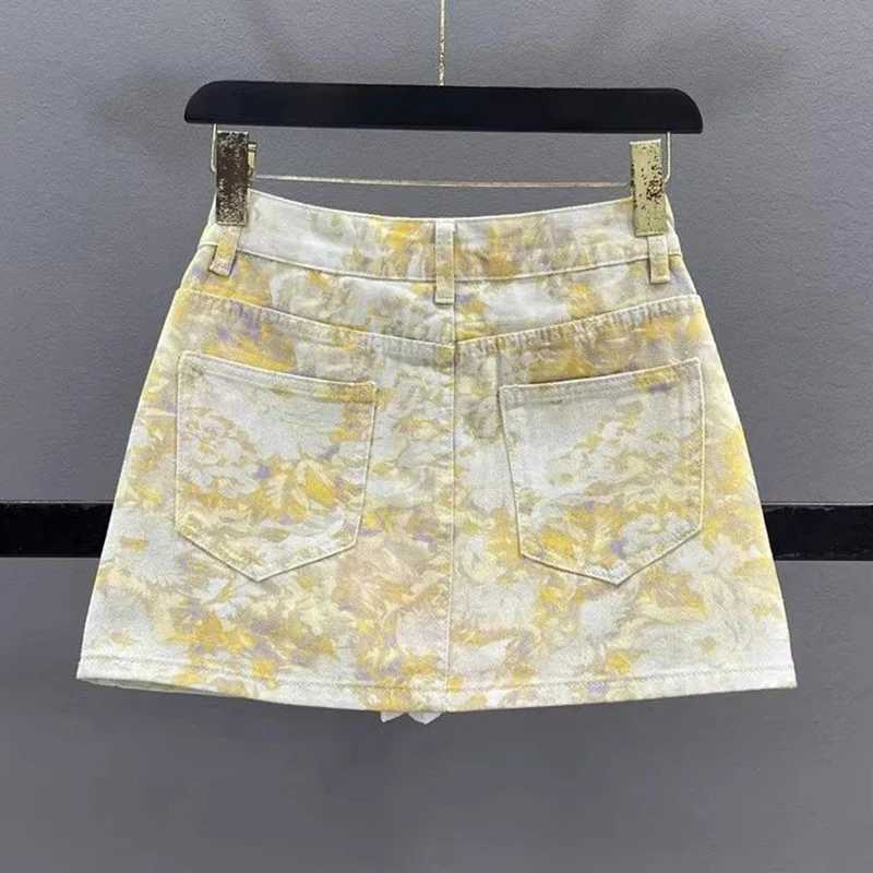 Summer Lady Chic Fashion High Waist A-line Denim Skirt Women Yellow Floral Thin Mini Dress s Korean Elegant Denim Skirt M260314