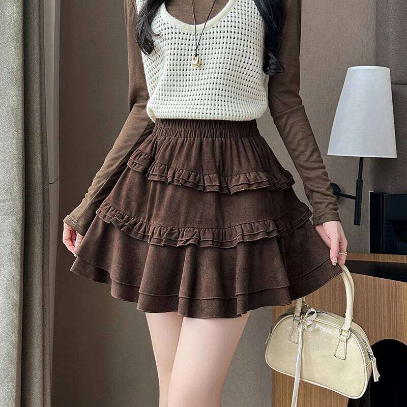 Seoulish Autumn Winter Velvet Ruffles Women's Cake 2025 New High Waist Korean Loose Pleated A-line Short Skirts Female Z260314