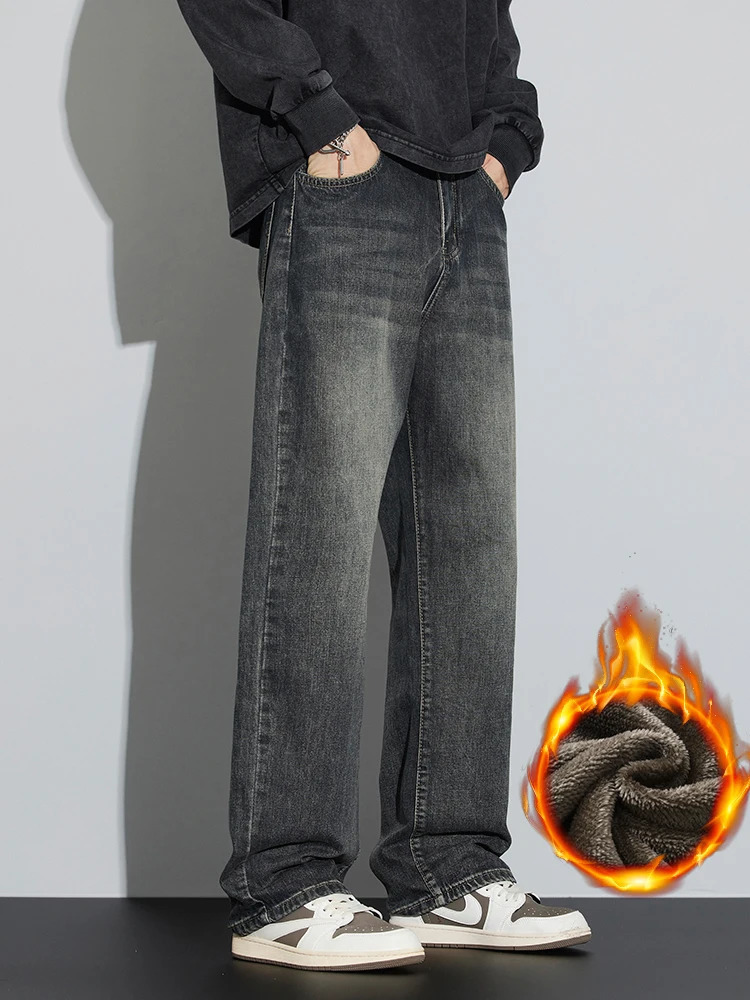 Korean Wide Legs Fleece Jeans Mens Winter Warm Thickened Velvet Loose Straight Casual Denim Pants Korean Fashion Trousers 260311