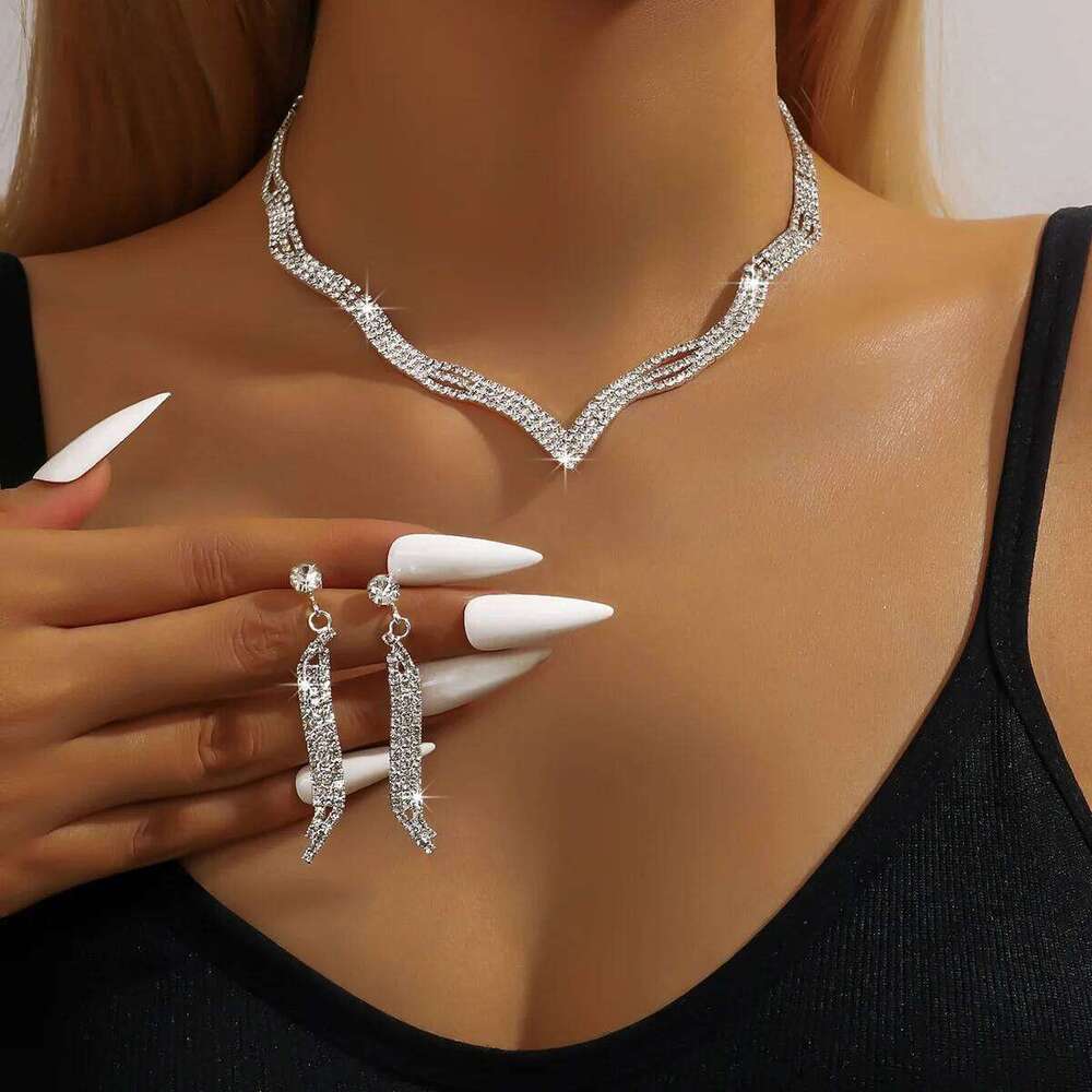 V-Shaped Crystal Jewelry Set 4Pcs Necklace+Bangle+Earrings Shiny Silver-Plated for Women Party Wedding Evening Accessories Pro Z260313