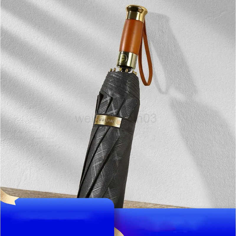 Triple fold fully automatic 10 bone grid pattern umbrella automatic wooden handle wind resistant and sunny umbrella H260314