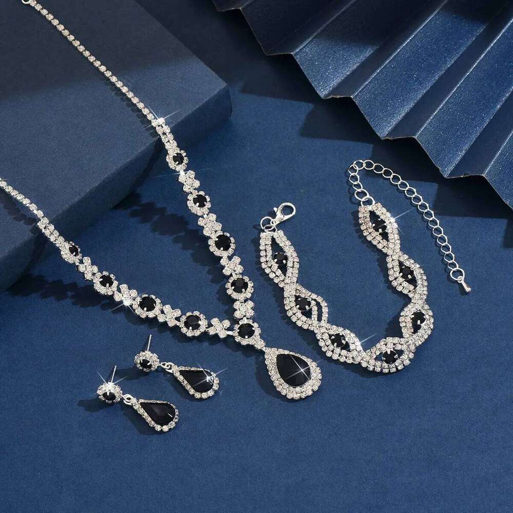 Glamorous Black Drop Zircon Jewelry Set - Necklace Bracelet + Earrings for Evening Party Wedding Z260313