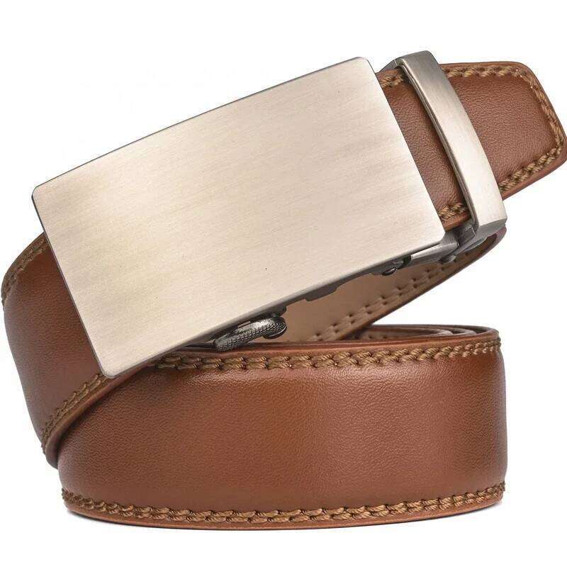 Plyesxale Brown Leather Men 2024 Automatic Buckle Belt For Jeans Vintage Style Mens Belts Luxury Ceinture Homme B9 Z260226