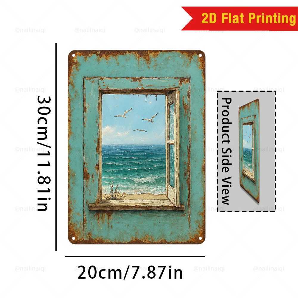 Vintage Coastal Window Metal Wall Art Rustic Seascape Tin Sign for Living Room or Beach House 8x12 Inch Nautical Decor D260314