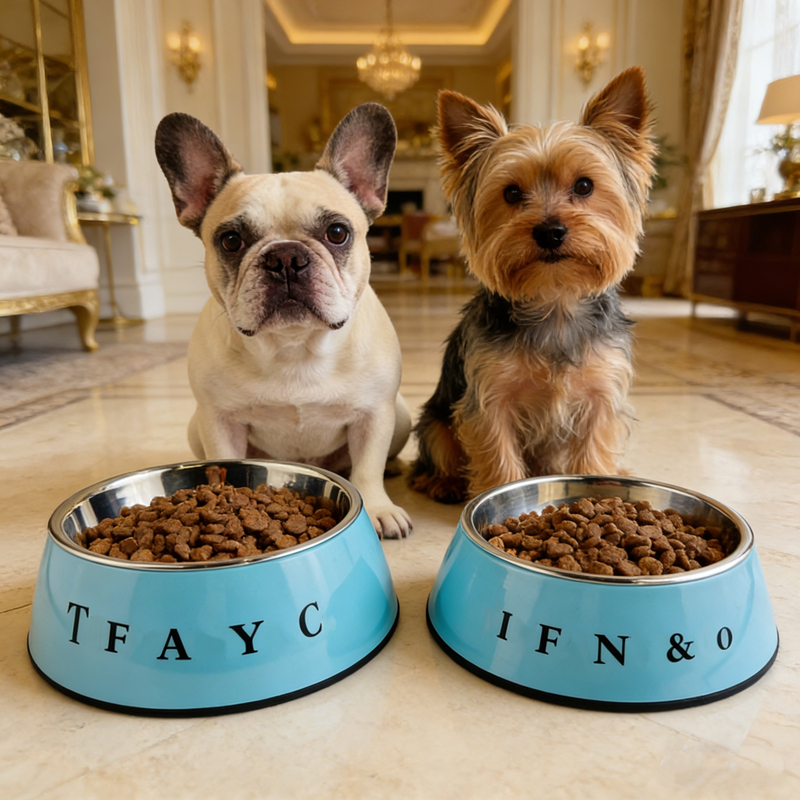 Luxury Designer Pet Bowl Set Premium Melamine Base with Food Grade Stainless Steel Inner Bowl High-End Brand Logo Pet Feeding Bowl for Dogs Cats Blue J35