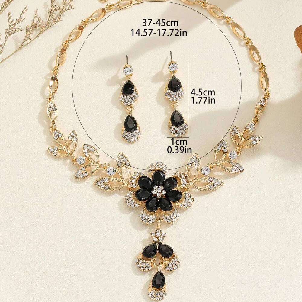 3PCS Elegant Flower Shape Black Zircon Necklace Earrings Jewelry Set Fashion Banquet Accessories For Women Gift Z260313