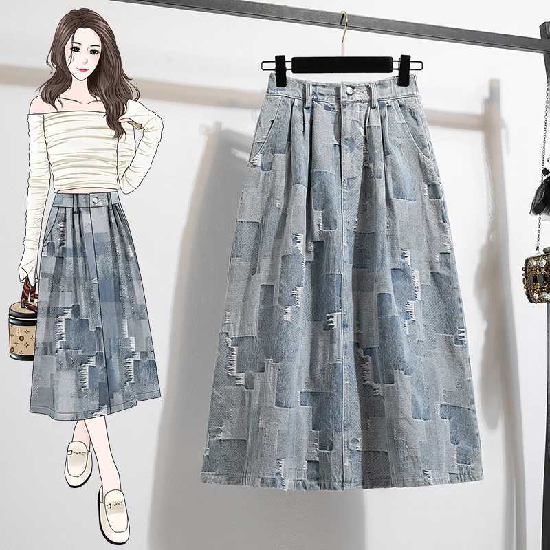 High Waist A-Line Midi Skirt Womens Denim f-length Spring Autumn Faion Slimming Loose Umbrella Skirt Korean Sle M260314