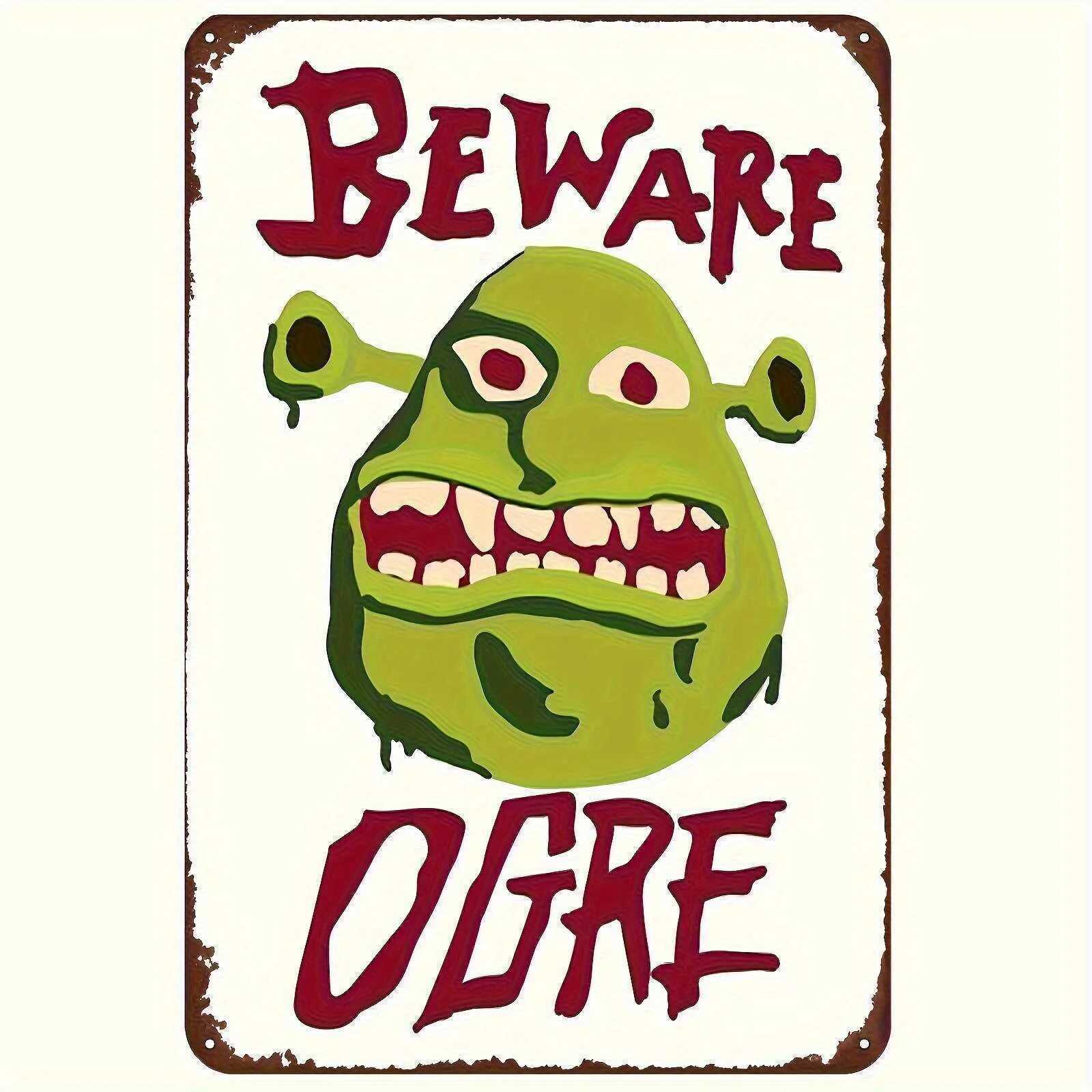 Shrek Beware Ogre Metal Tin Sign - Vintage Retro Art Deco Wall Decor with Distressed Edges Durable Iron Indoor/Outdoor Nove D260314
