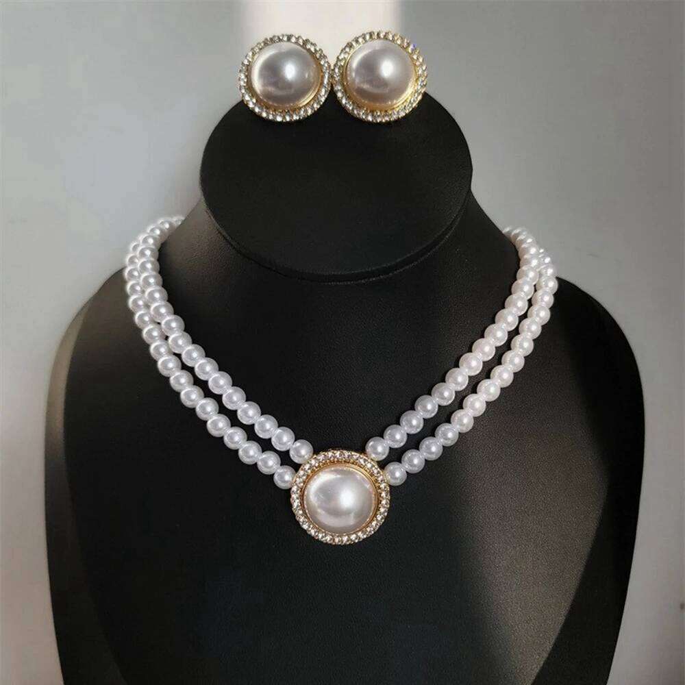 New Fashion Elegant Round Alloy Rhinestone Imitation Pearl Beaded Necklace Earring Jewelry Set Bridal Wedding Accessories Z260313
