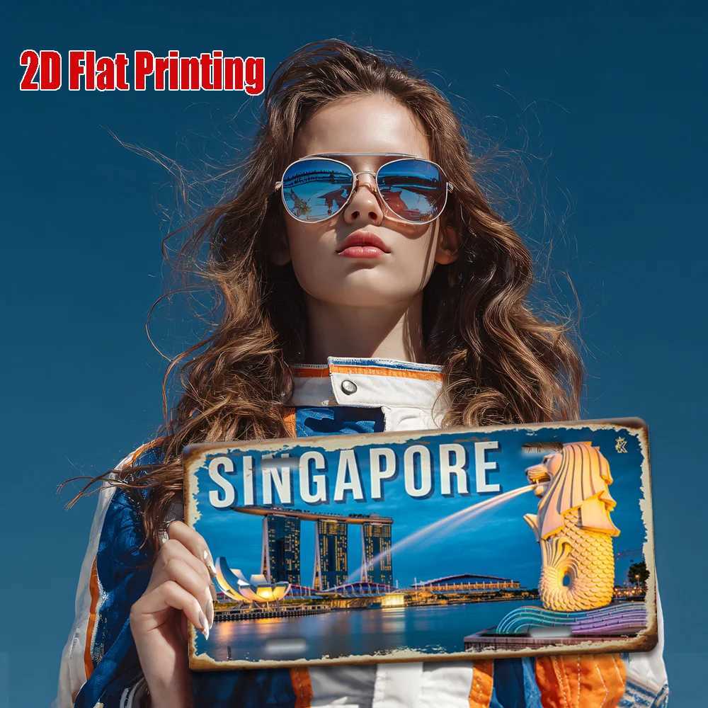 Printing Singapore Marina Bay and Merlion Scene Metal License Plate Decorative Signs Plaques Vintage Aluminum Sign P D260314