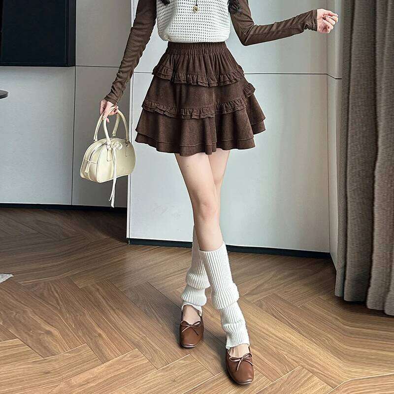 Seoulish Autumn Winter Velvet Ruffles Women's Cake 2025 New High Waist Korean Loose Pleated A-line Short Skirts Female Z260314