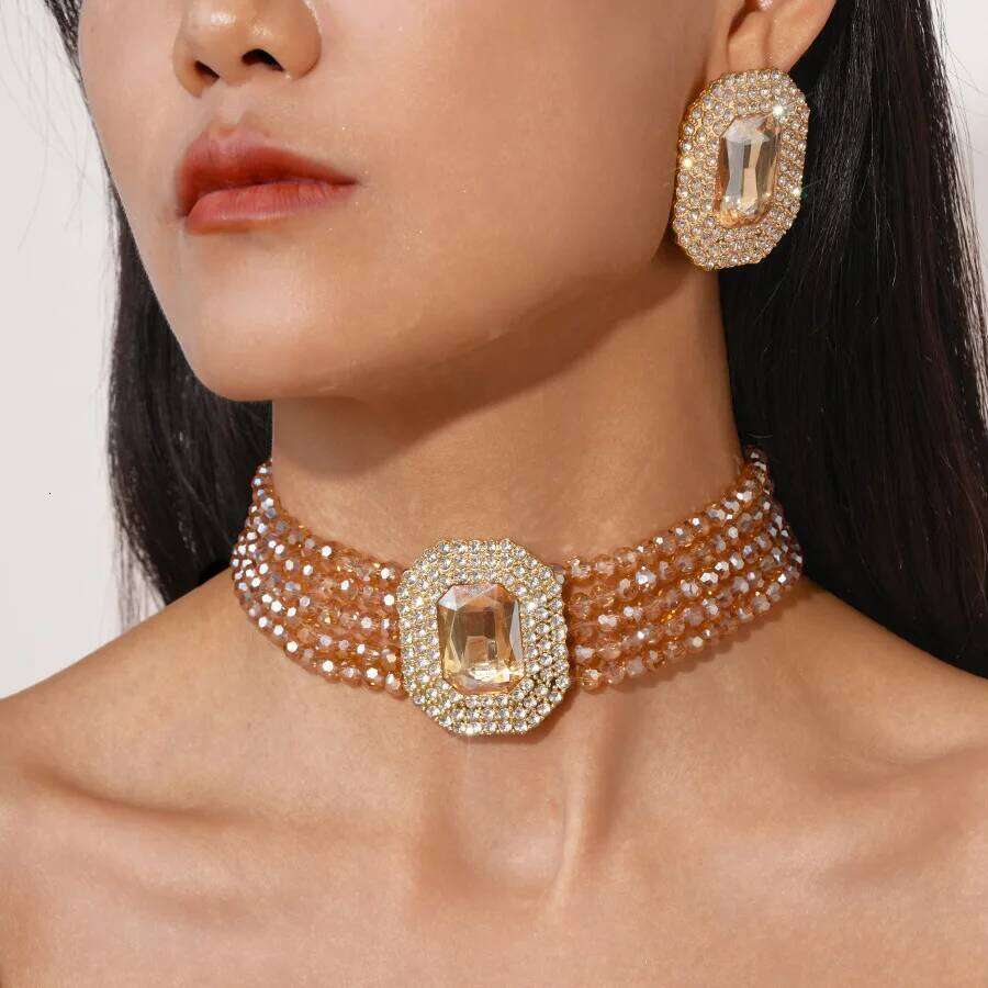 FYUAN Multilayer Champagne Red White Black Crystal Necklace Geometric Square Earrings Women Weddings Banquet Jewelry Sets Z260313