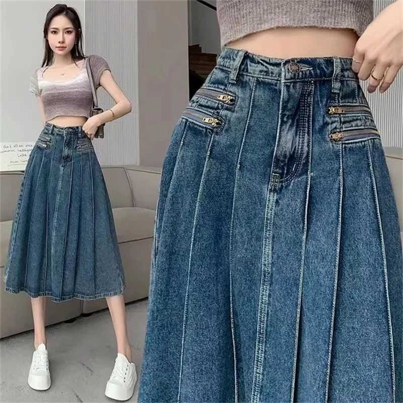 New Summer 2025 High Waist Retro Style Elegant Womens Cowboy Pleats Half Skirt Appear Thin Zipper Leisure Ladies Denim Skirt M260314