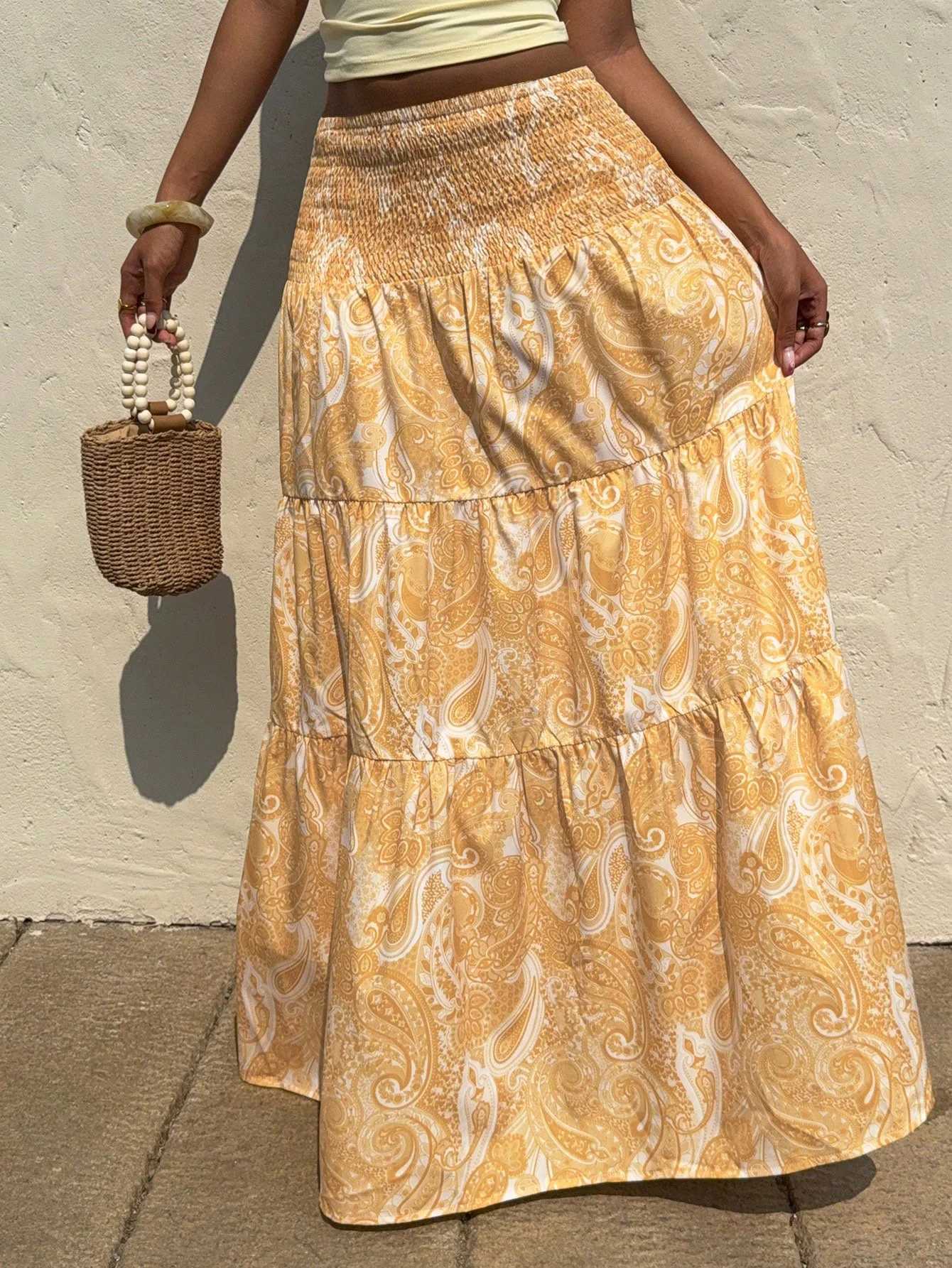 Vacation Style Stretchy Waist Long Maxi Skirt - Flowy Beach Skirt with Elastic Waistband M260314