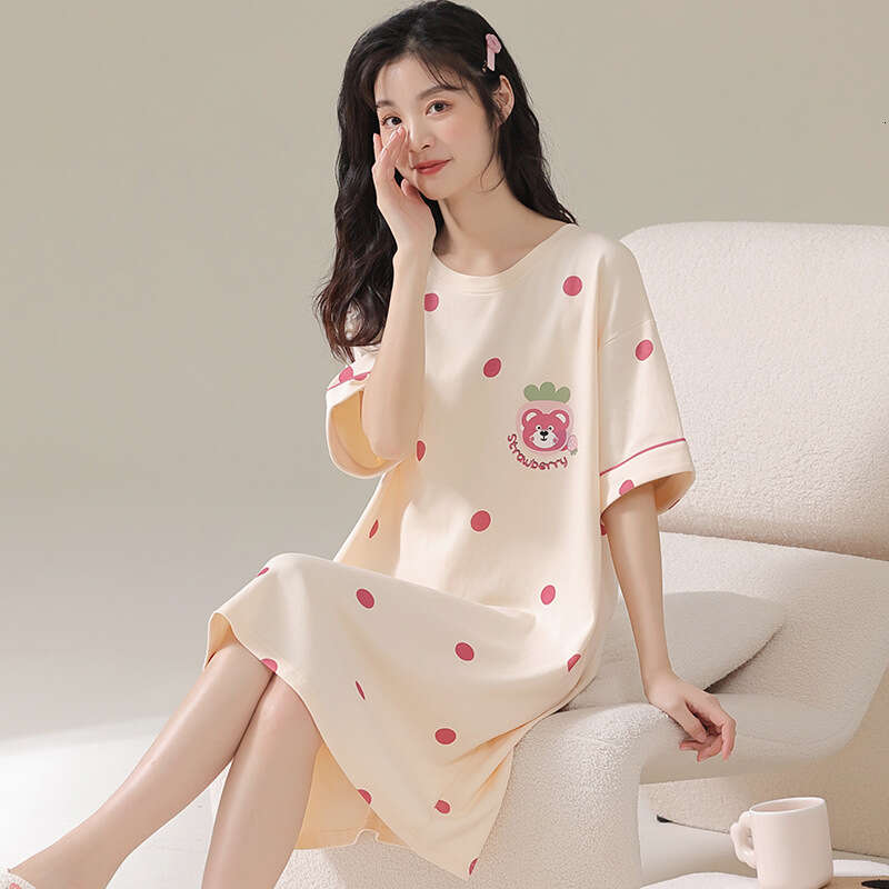 Summer women's cotton short-sleeve plus-size mid-length Korean-style nightgown, suitable for wearing outside in summer, thin and loose-fitting home wear
