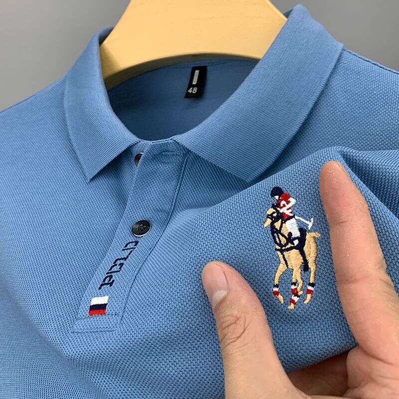 Summer men's T-shirt, short-sleeved polo shirt with embroidered collar, casual loose fit, high-end, trendy solid color half-sleeve for men