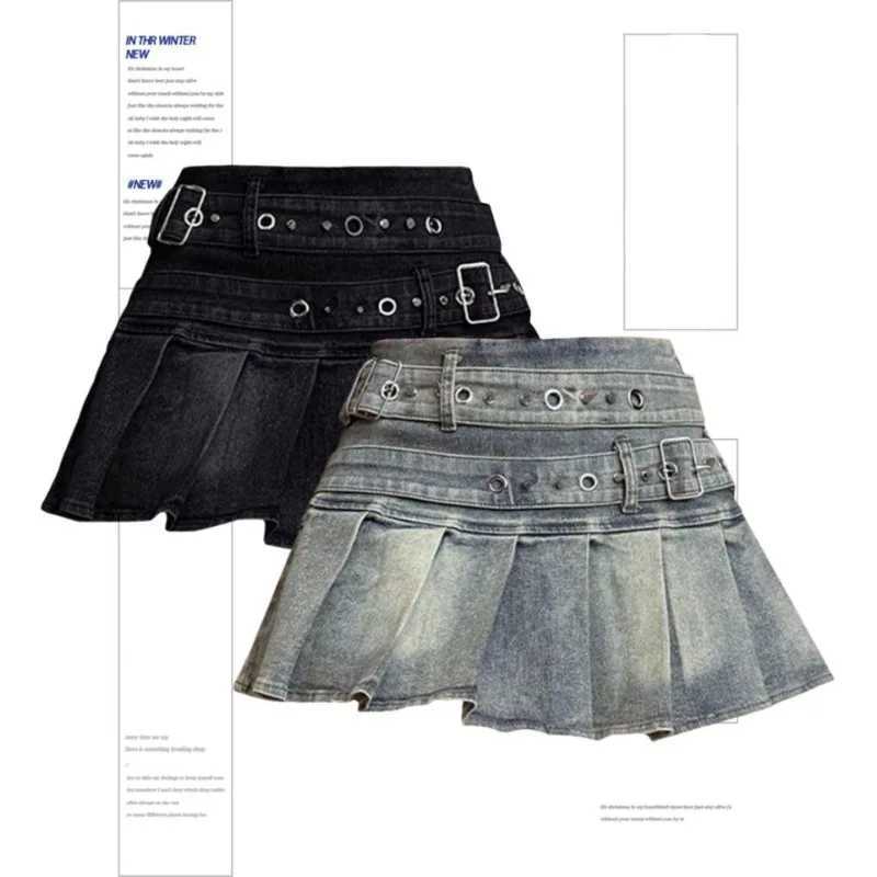 Womens Blue Black Riveted Belt Denim Skirt Y2K Harajuku High Street Fashion 90s Sexy A-line Mini Skirt Summer Clothing 2025 New M260314