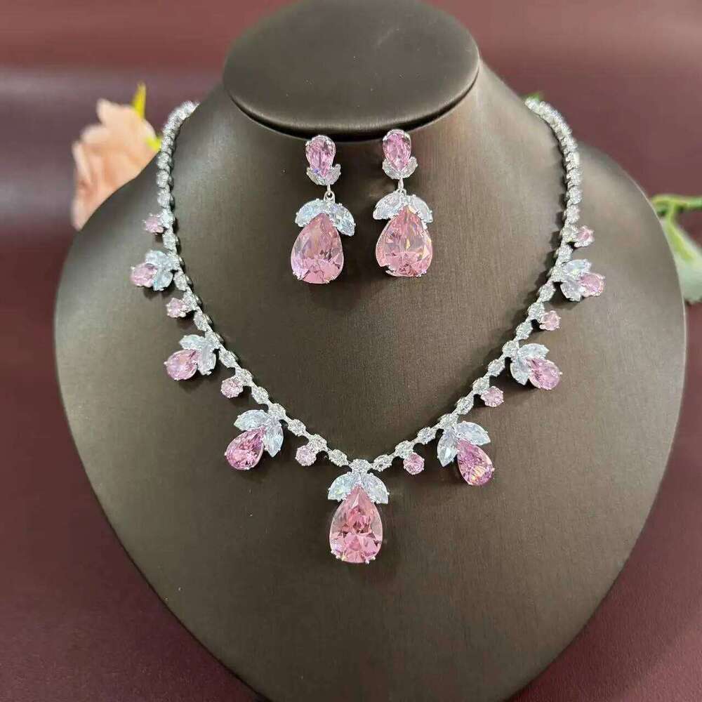 3PCS universal fashion trend zircon luxury necklace earrings pink tulip suit ins live burst wear skirt Z260313