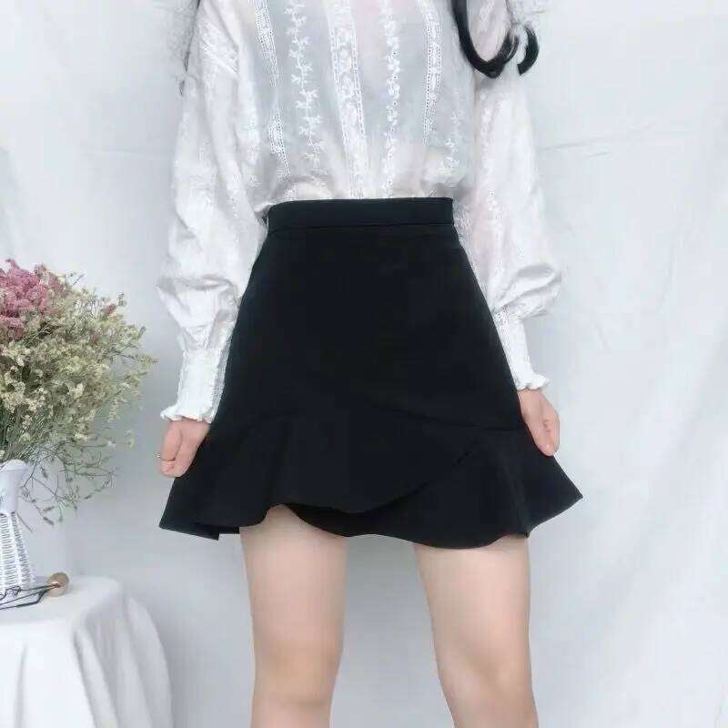 Skirts Women Summer Ruffles Korean Style Hip-skirt Slender Mini Fashion Leisure Solid Ulzzang Black Womens Faldas Chic Retro New Z260314