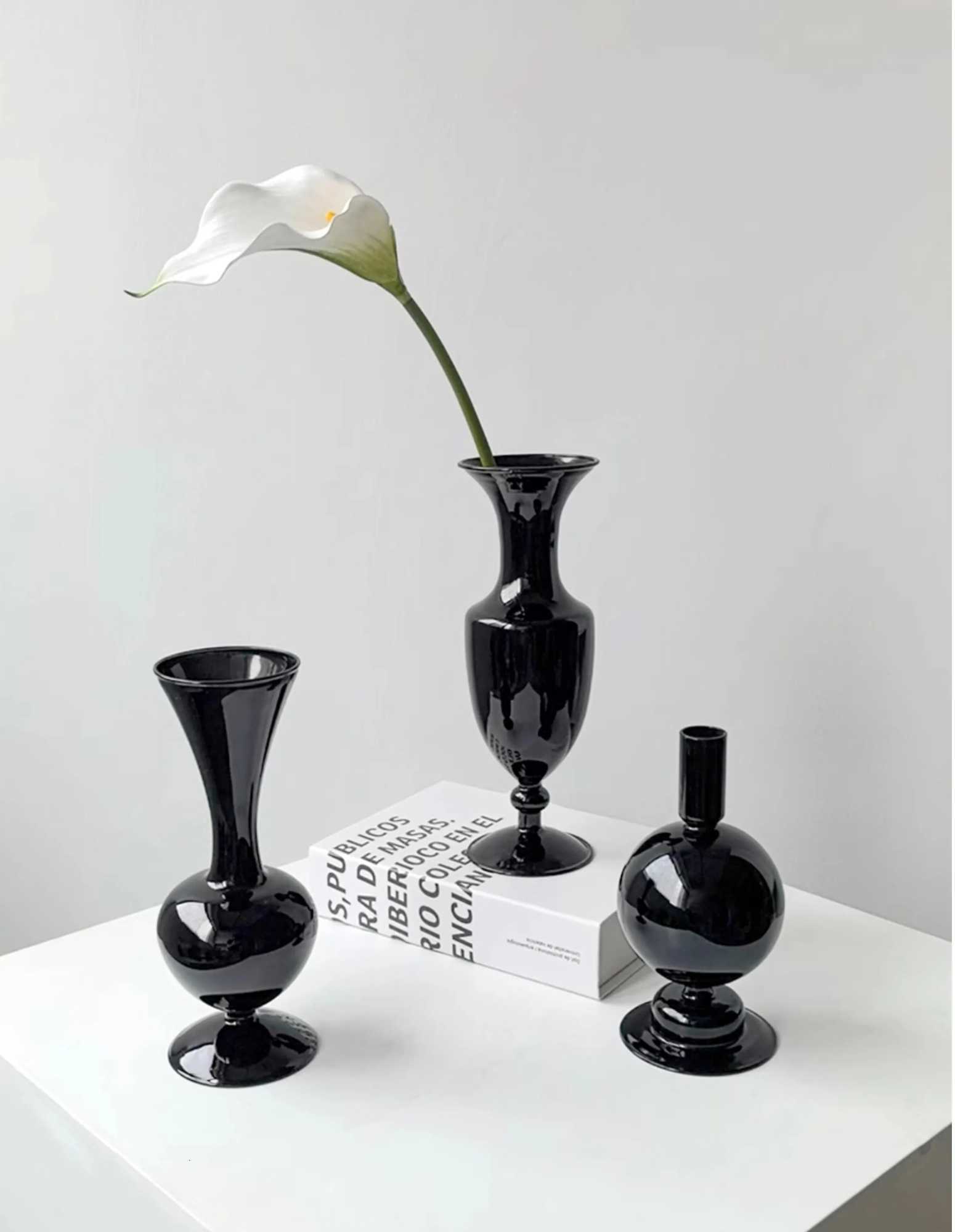 Modern Black Glass Vase Minimalist Decorative Flower Vase for Living Room Bedroom Office Elegant Home Decoration Centerpiece Y260314