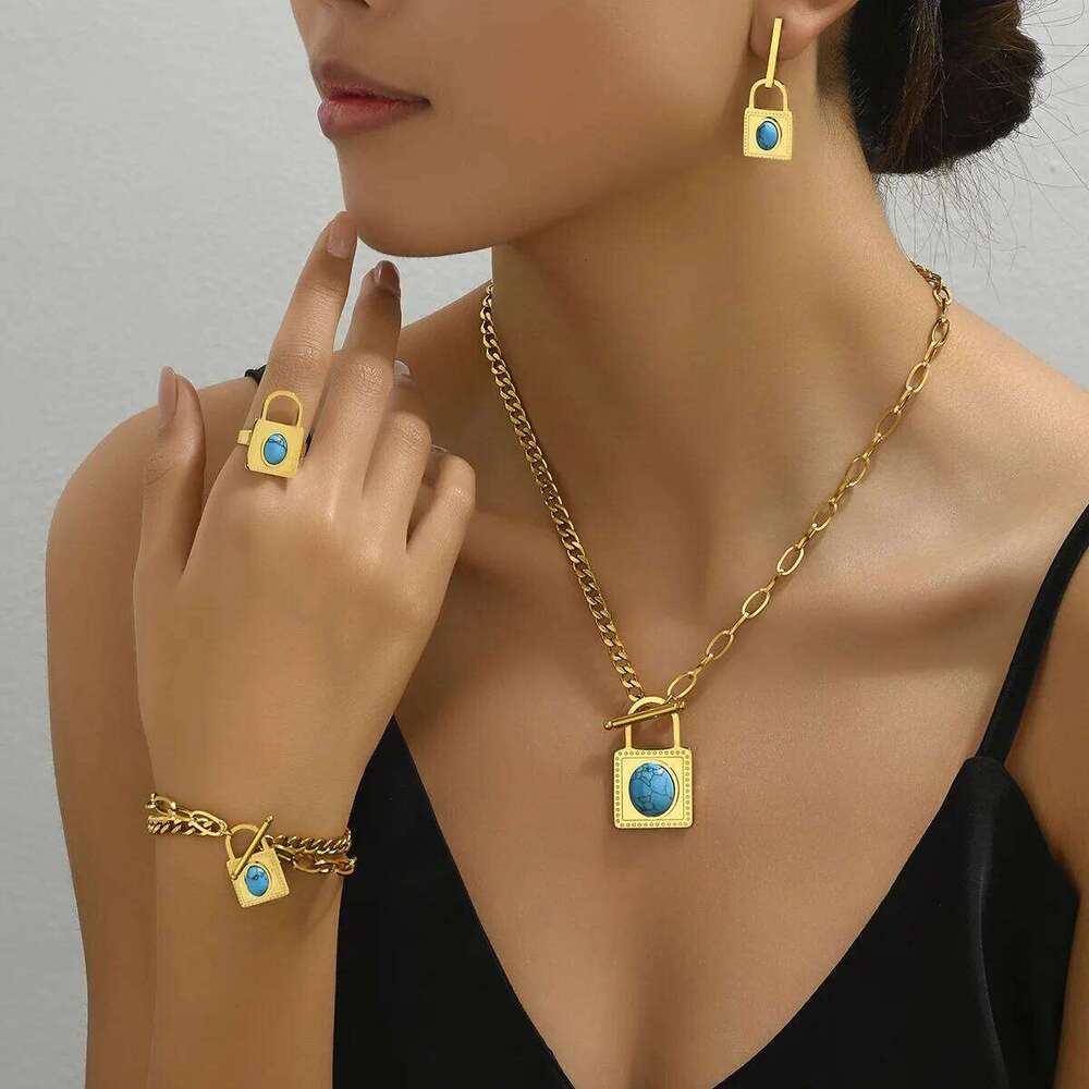 5pcs Elegant Vintage Jewelry Set for Women Fashion Lock Shape Necklace Inlaid Turquoise Choker Bridal Wedding Bracelet Party Z260313