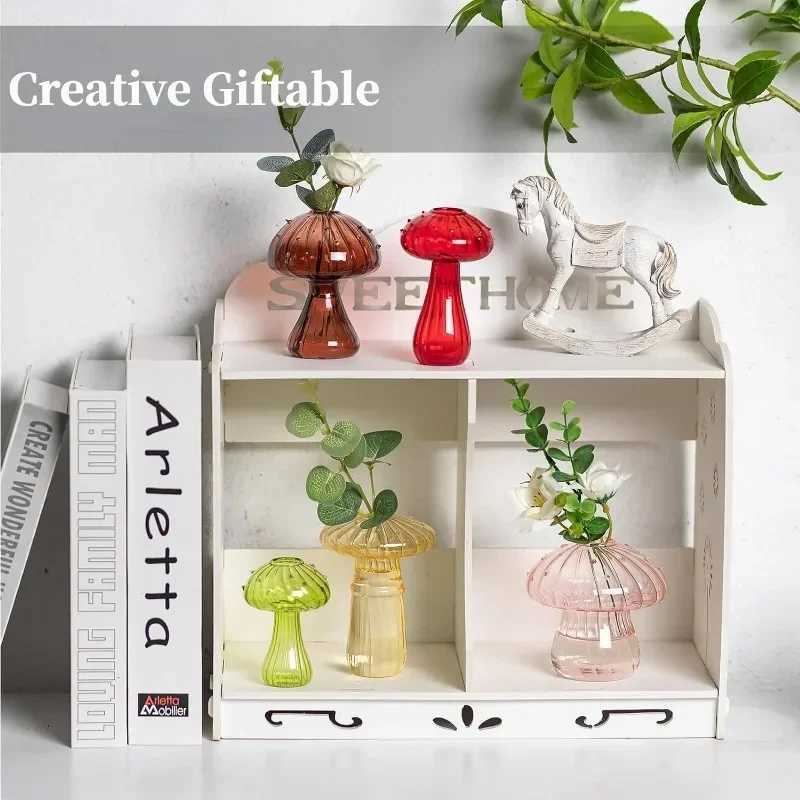 5Pcs Glass Mushroom Flower Vase Cute Colored Glass Vase Unique Bud Small Vase Flowers Aesthetic Decorative Vases for Home Decor Y260314