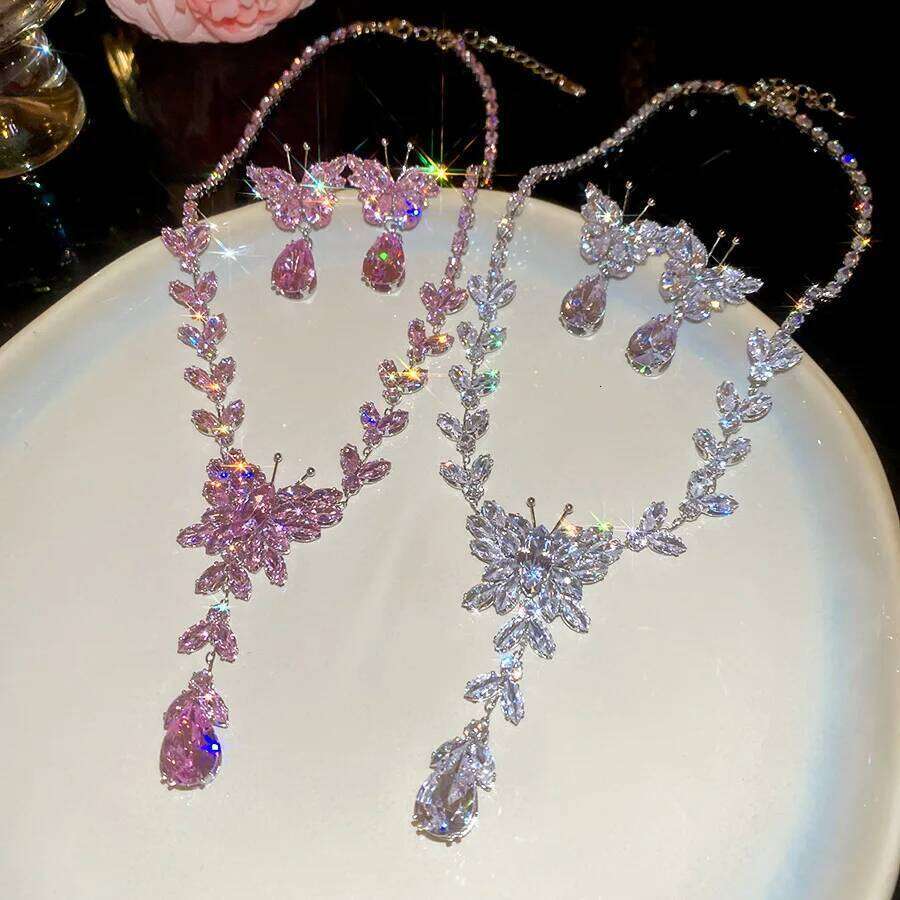 Zircon Butterfly Water Drop Tassel Jewelry for Women 2025 Korean Fashion Temperament Light Luxury Necklace Earring Sets Z260313