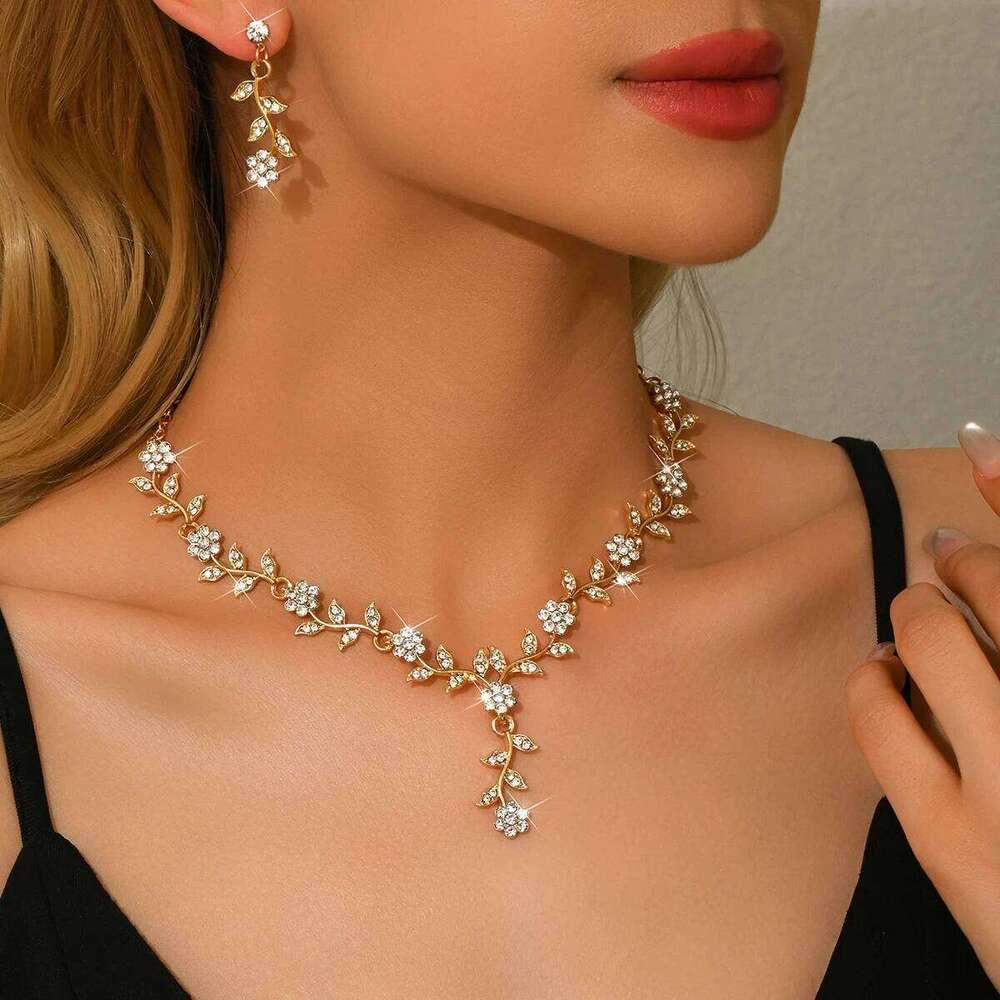 Crystal Vine Necklace & Earring Set Women V-Neck Leaf Pendant Jewelry for Party Evening Statement Z260313