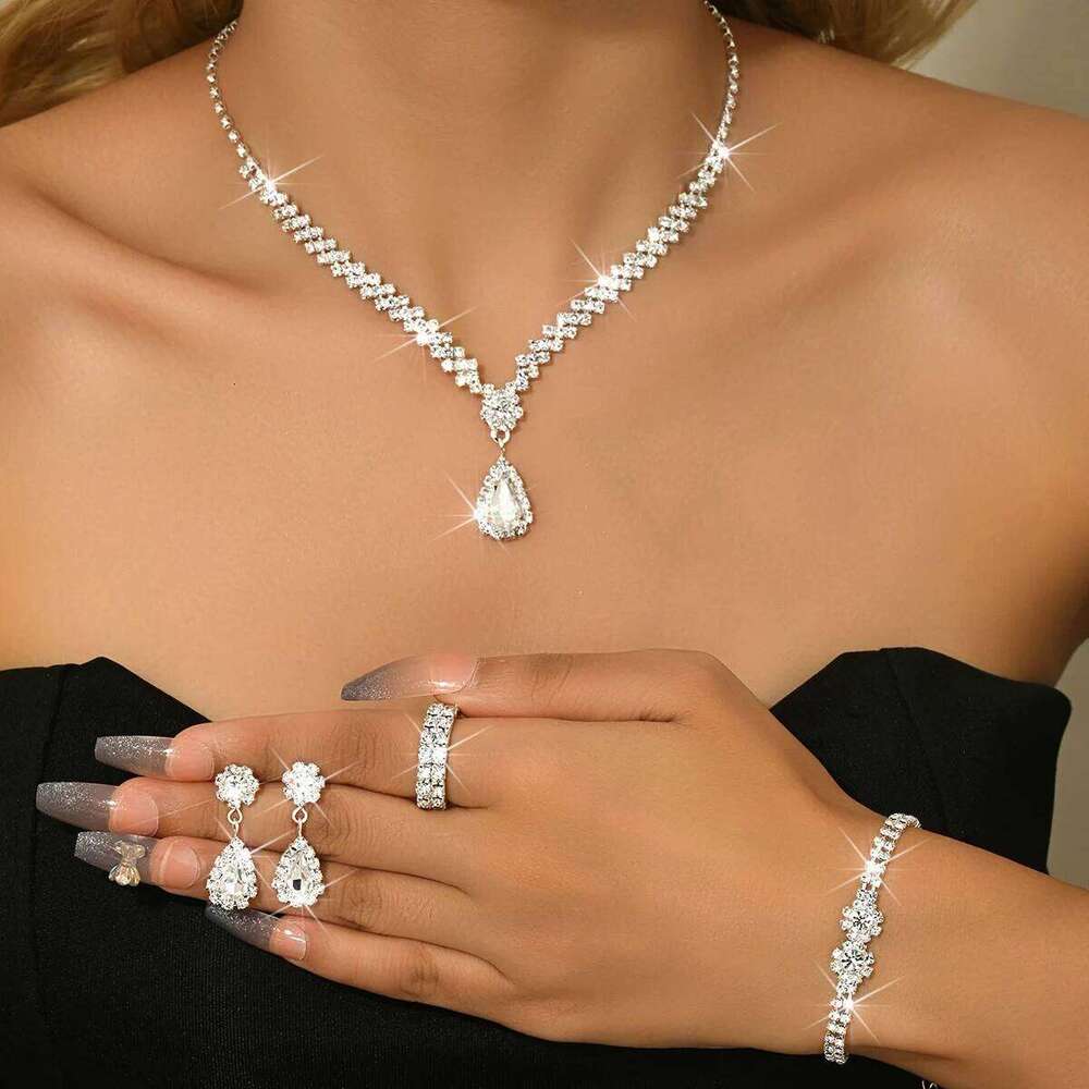 Women's Silver Crystal 4-Piece Jewelry Set - Bridal Necklace Earrings Ring Bracelet for Wedding Prom Evening Party Formal Dress Z260313