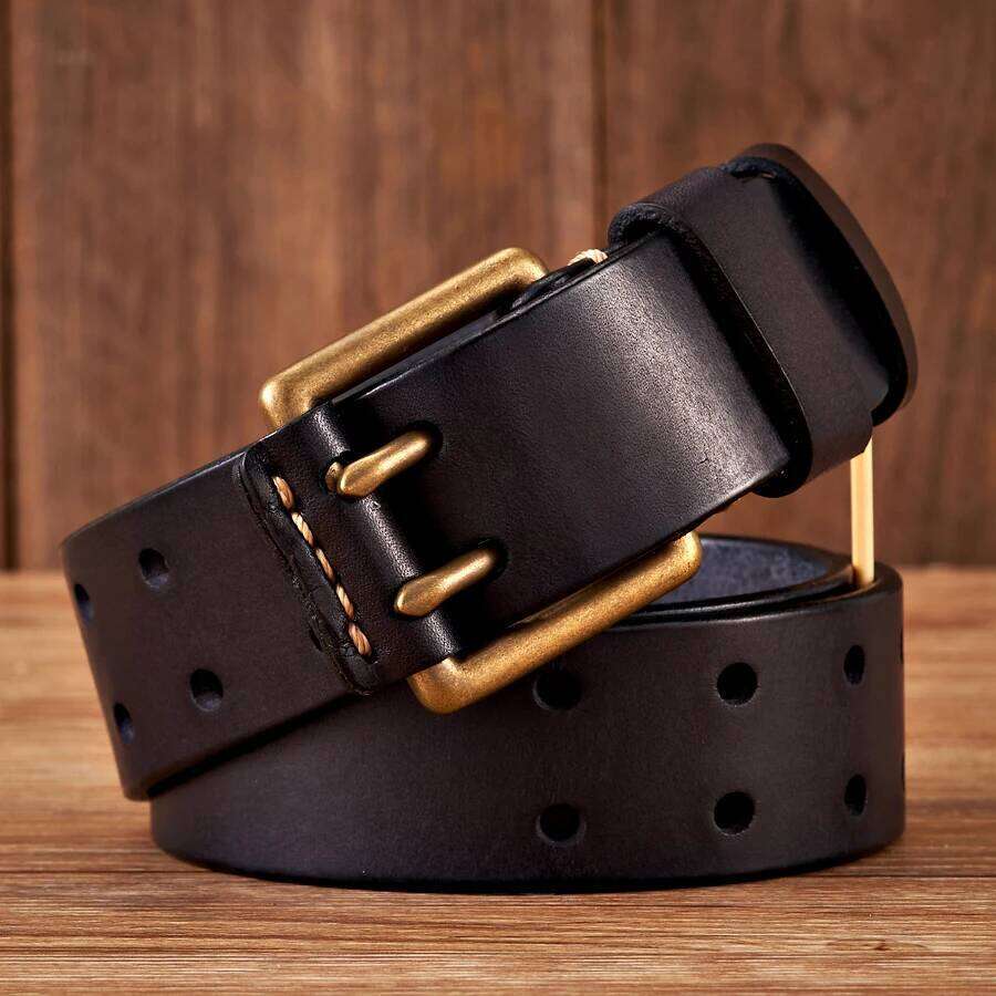 3.8cm Wide Vintage Men's Cowhide Genuine Leather Copper Double Needle Buckle Handmade Jeans Belt Fashion Male Strap Z260226