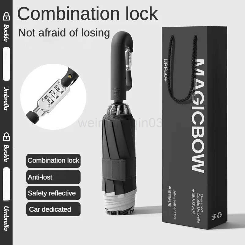 Windproof Automatic Folding Mens UmbrellaPassword Lock Buckle Enlarged ThickCar Reverse Wind Resistant Double Umbrella Women H260314