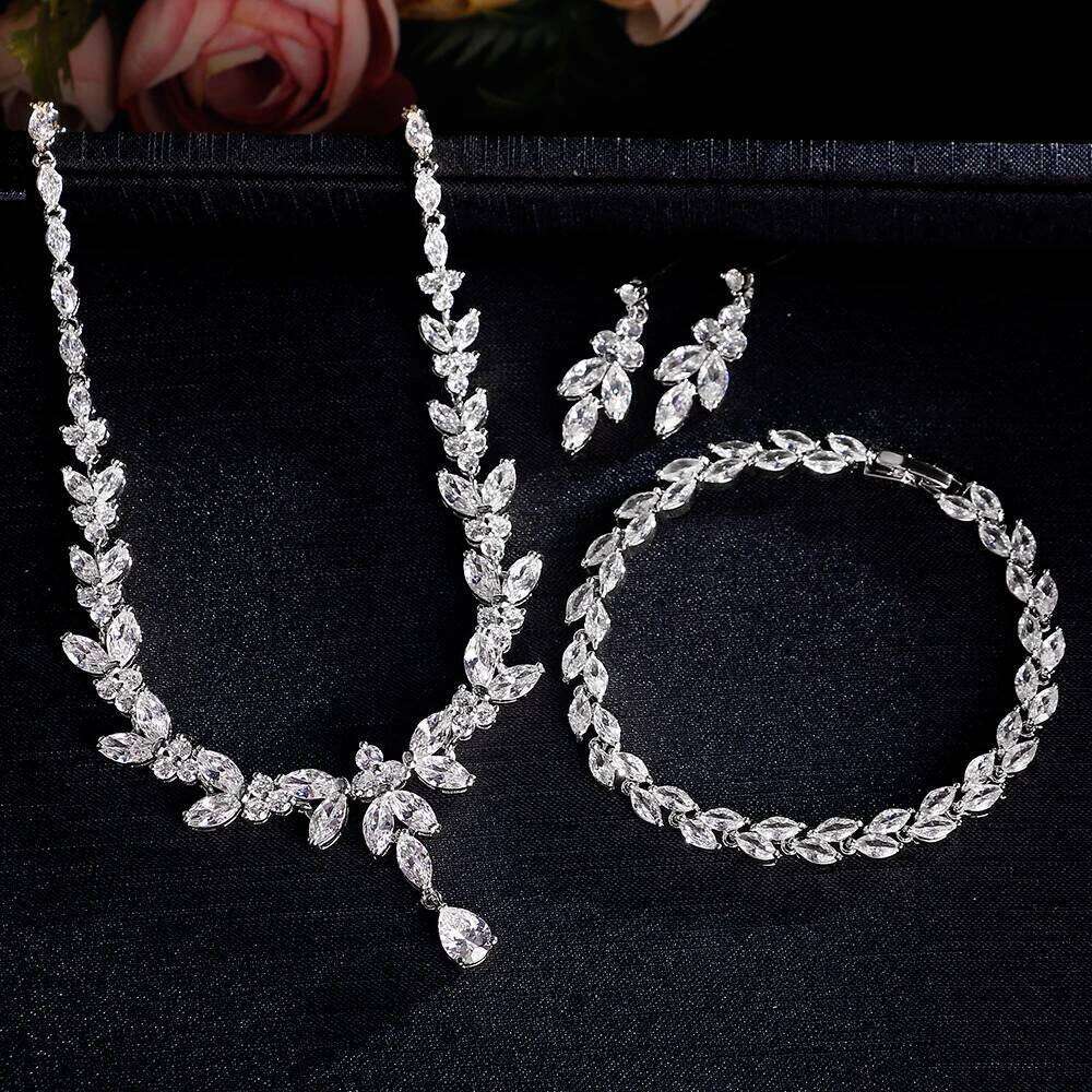 ZAKOL Luxury Brilliant Zirconia Leaf Necklace Earrings Rings Bracelets Set for Women CZ Drop Bridal Wedding Jewelry Sets Z260313