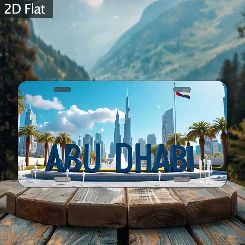 2D Flat 1pc Abu Dhabi Cityscape Aluminum Sign - 6x12 Inch Decorative Metal Car Accessory with Burj Khalifa and Palm Trees D260314