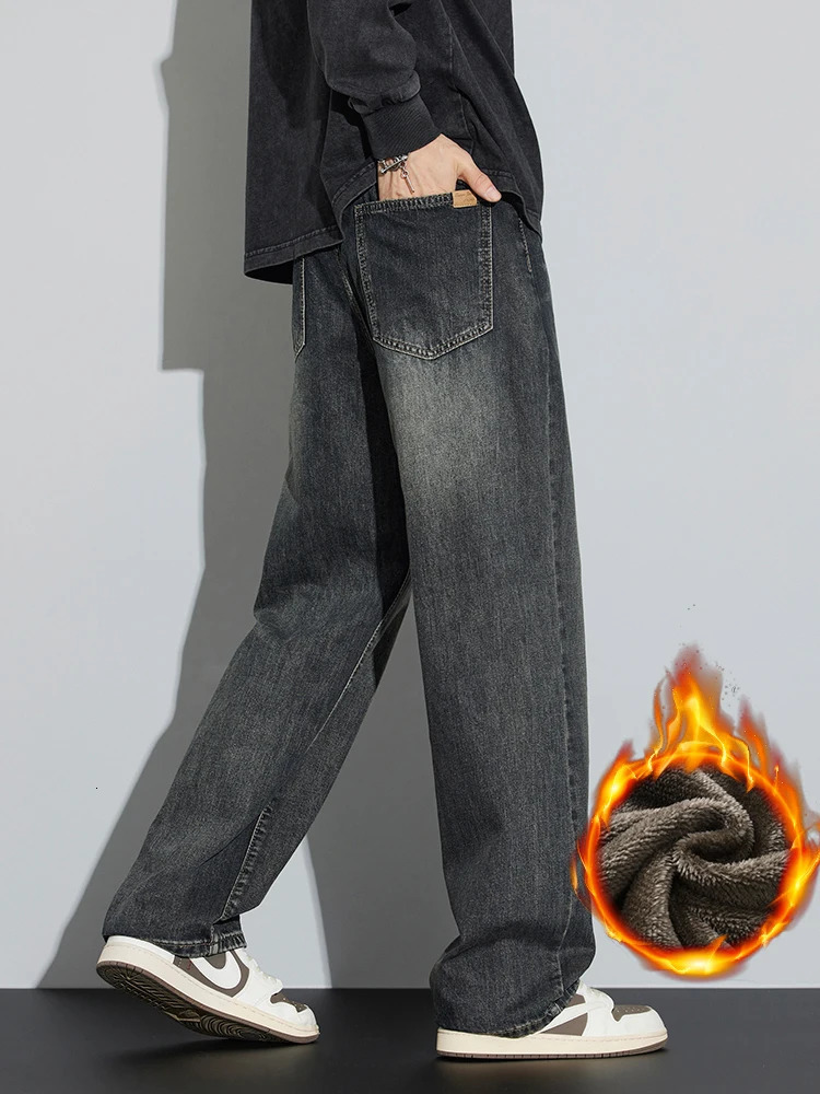 Korean Wide Legs Fleece Jeans Mens Winter Warm Thickened Velvet Loose Straight Casual Denim Pants Korean Fashion Trousers 260311