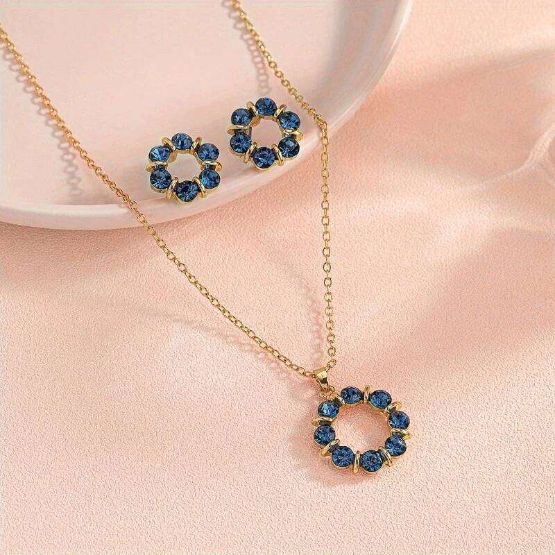 Summer Necklace Earrings Exquisite 2-Piece Set For Women | Model Minimalist Fashion Style Glass Inlaid Circular Jewelry Z260313
