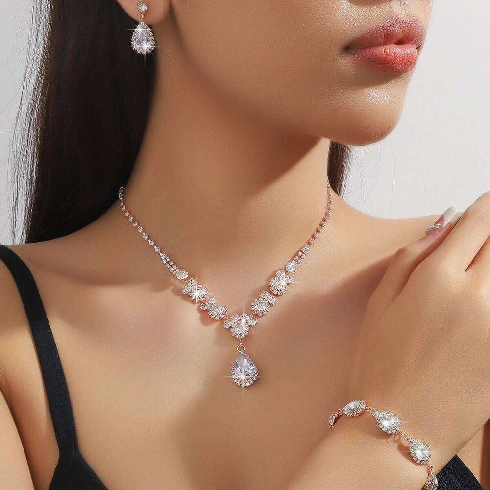 4PC Women's Fashion Copper Inlaid Claw Chain Water Drop Necklace Earrings Bracelet Jewelry Set Wedding Banquet Party Holiday Gif Z260313