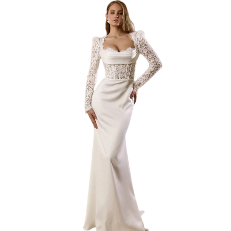 Classic Long Sleeves Mermaid Wedding Dresses Lace Satin Chic Bridal Gowns Open Back Sweetheart Neckline Corset Bride Dress
