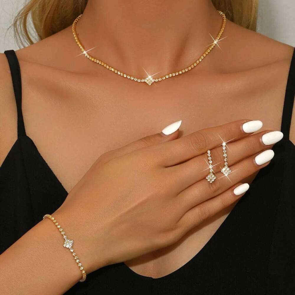 European and American Cross-Border Bridal Jewelry Set, Wedding Banquet Dress Accessories, Earrings, Bracelet, Necklace, Women's Three-Piece Set Z