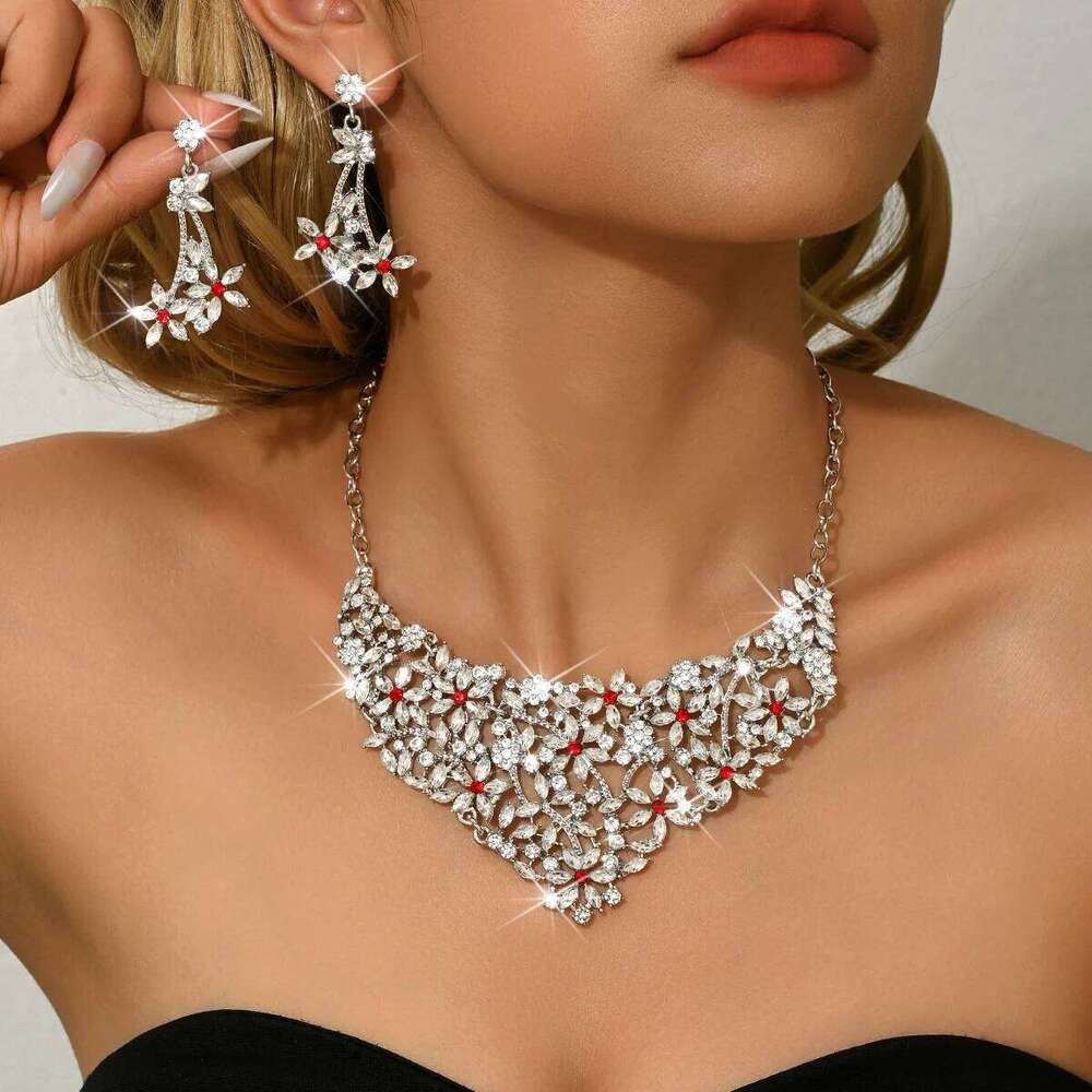 New Light Luxury Flower Accessories Water Diamond Bridal Wedding Necklace Earrings 2-piece Fashion Set for Women Z260313