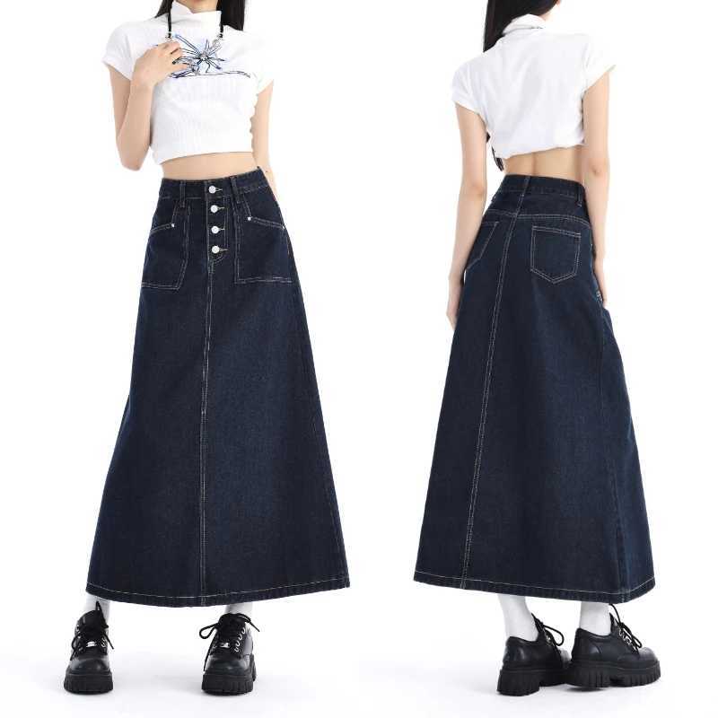 High Waist Denim Skirt Women Autumn 2024 New Arrival Single Buttons Long Skirt Women Korean Style Casual Jeans Skirts Womens M260314