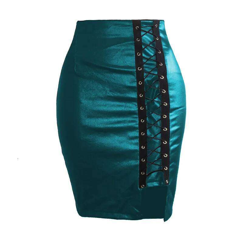 Spring Summer Women Side Split Pencil Black Lace Up PU Leather Skirts Vintage Bodycon High Waist Mini Skirt Z260314
