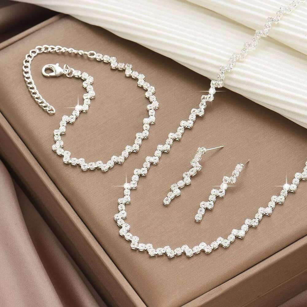 Copper Water Drill Jewelry Set Women Y2K Shiny Choker Necklace Earrings Bracelet Collarbone Chain Party Daily Fashion Accessorie Z260313