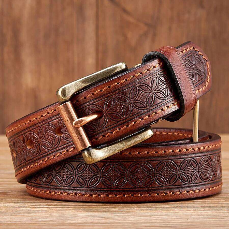 3.3cm Thick Wild Cowskin Men Belt High Quality Genuine Leather Brass Buckle Retro Strap Male Jeans Luxury Belts for Man Z260226