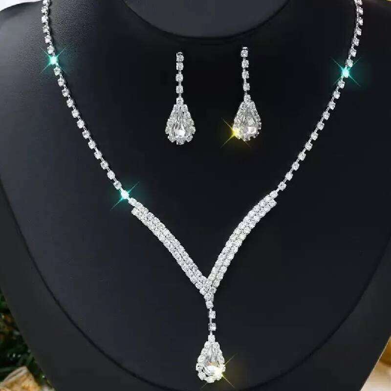 Luxurious 5pcs Silver Color Water Drop Crystal Earrings Necklace Bracelet Ring Jewelry Set for Women Wedding Party Holiday Wear Z260313